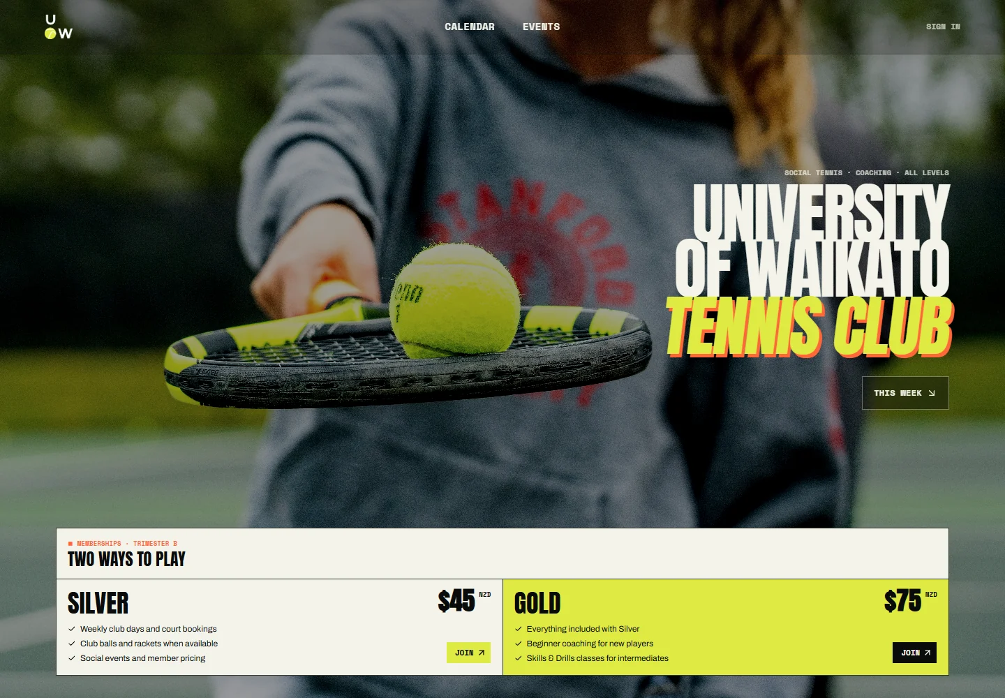 The live University of Waikato Tennis Club desktop homepage