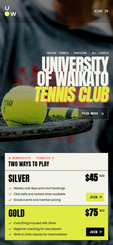 The live University of Waikato Tennis Club mobile homepage